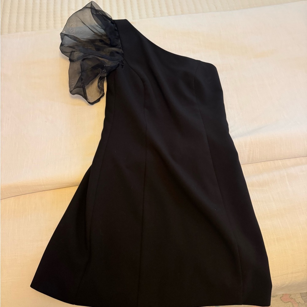 Likely Black One-Shoulder Mini Dress with Sheer Ruffle